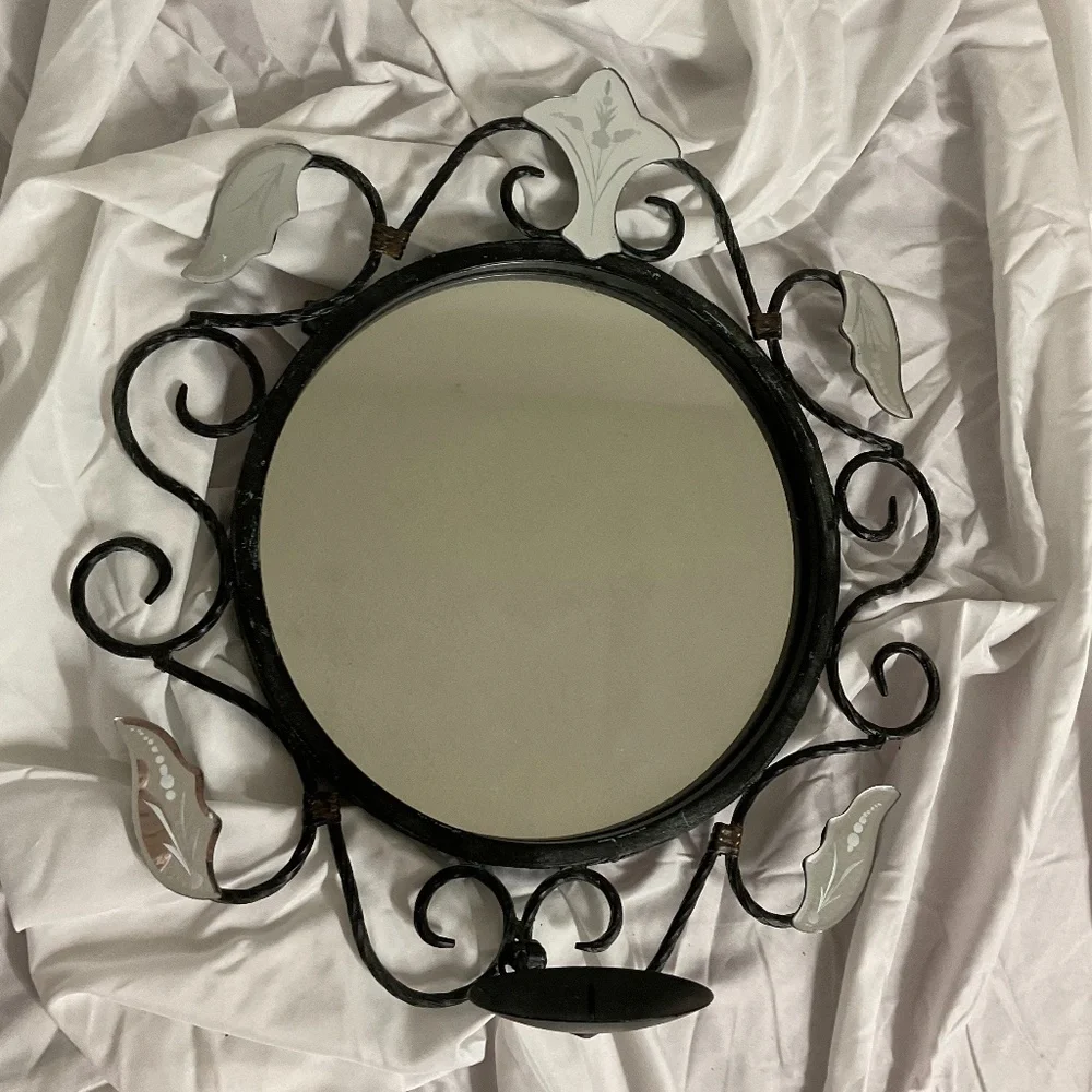Vintage Mirror Candle Holder Round Petina Black authentic rustic